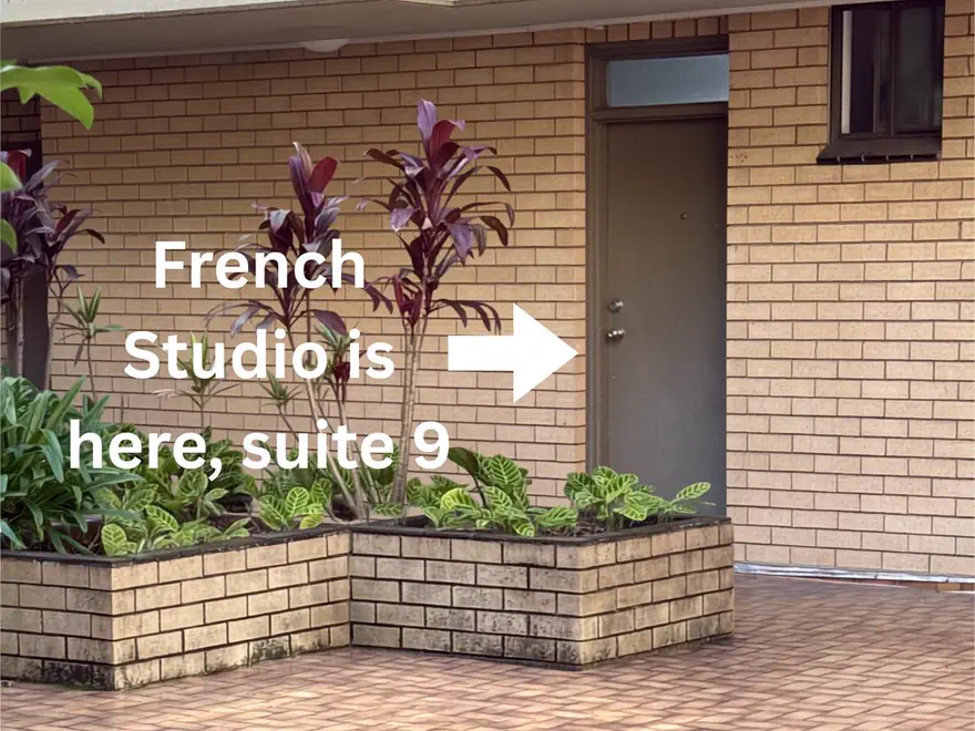 A grey door in a brick wall behind a low planter, with an arrow pointing to it and the words French Studio is here, suite 9