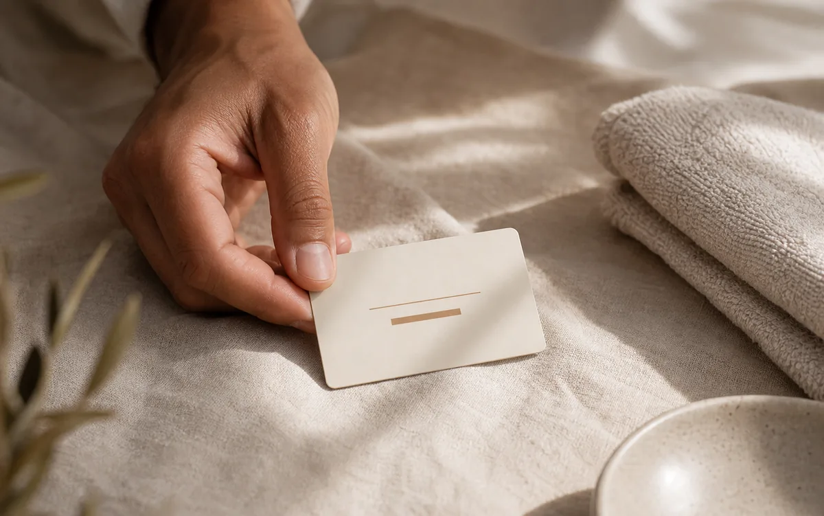A hand placing the Maison Prestance membership card on warm linen