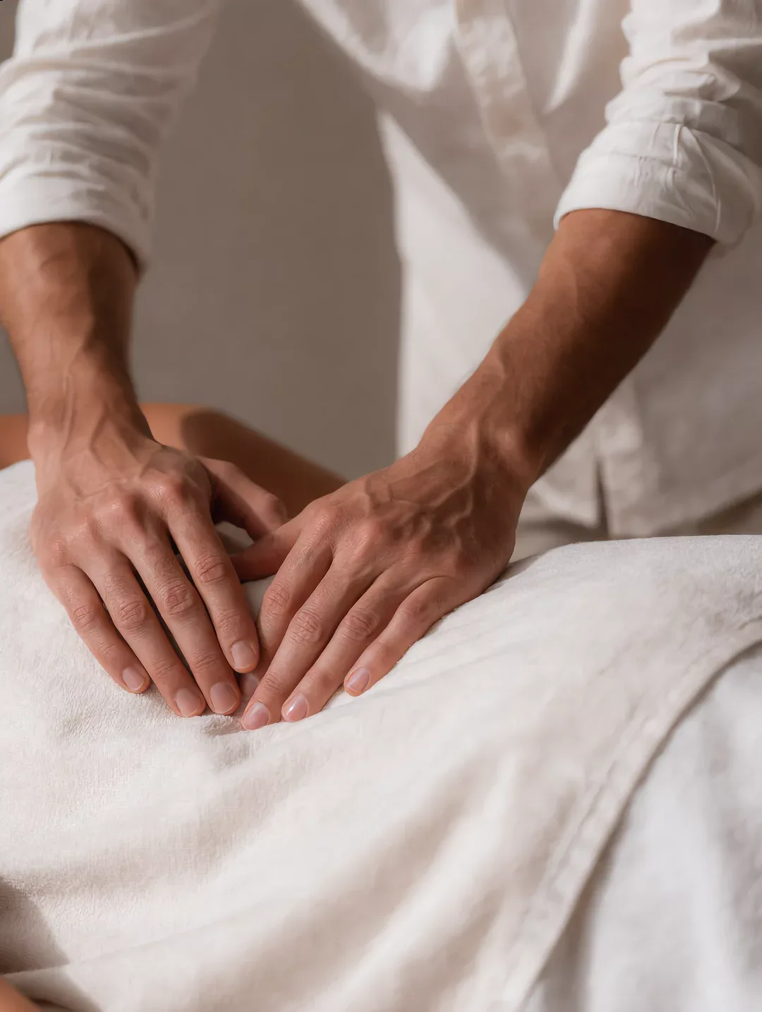 A practitioner's hands resting along a draped back during an in-home massage