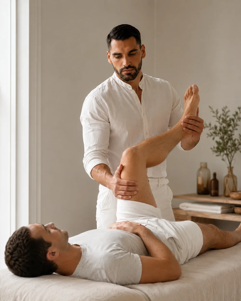 Assisted hamstring stretch on a table at home
