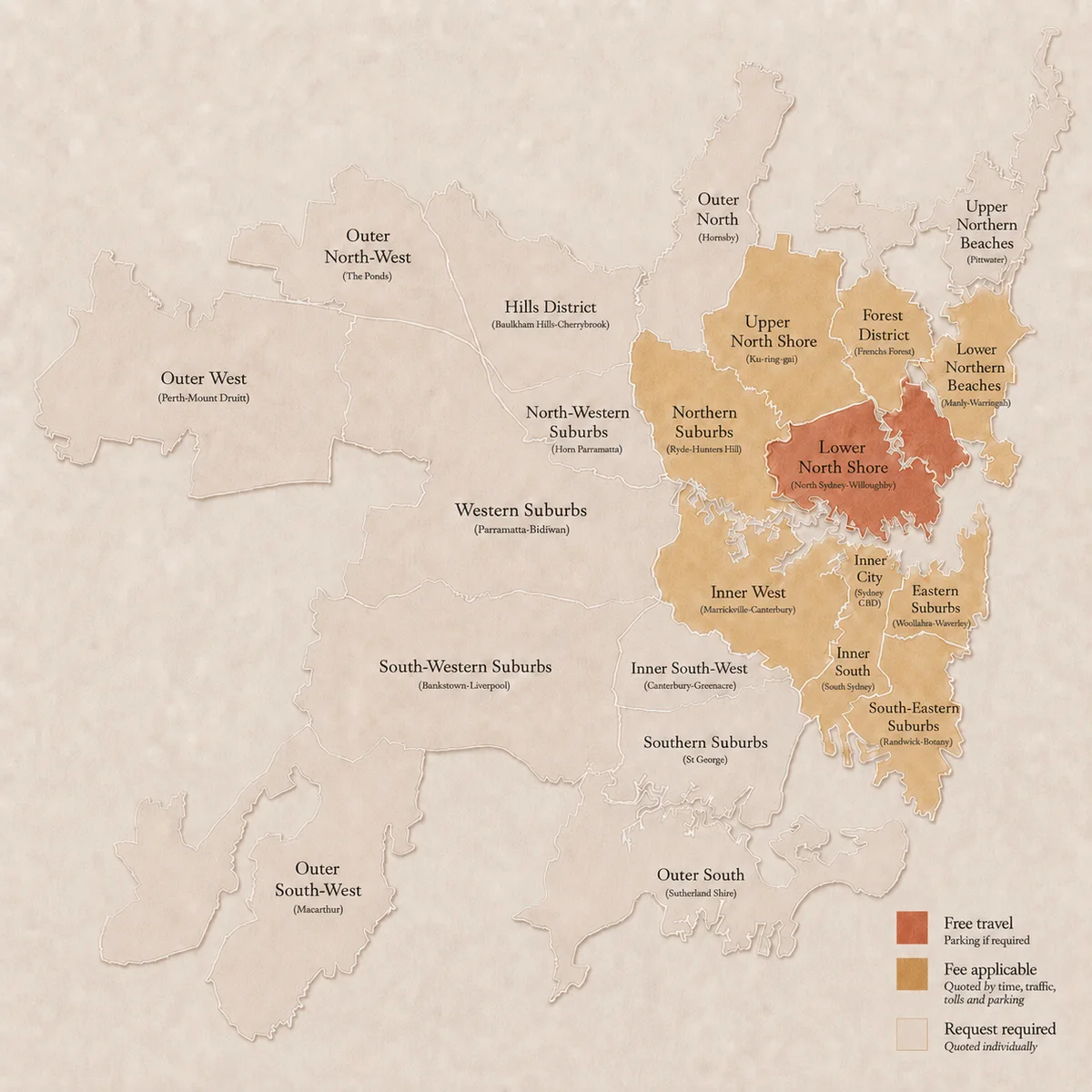 Illustrated map of the Lower North Shore and Northern Beaches to Balgowlah service area.